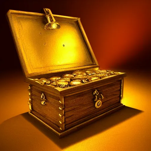 Image similar to Photo of a treasure chest filled with gold and golden accessory on an island, 8k, dramatic lighting, digital art