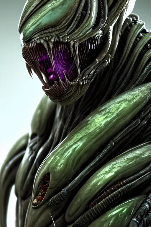 Image similar to skin concept, alien, biopunk, plant predator, predator, teeth, many details, crystals, guyver style, 3 d, cinematic, hyper realism, high detail, octane render, art by hans giger