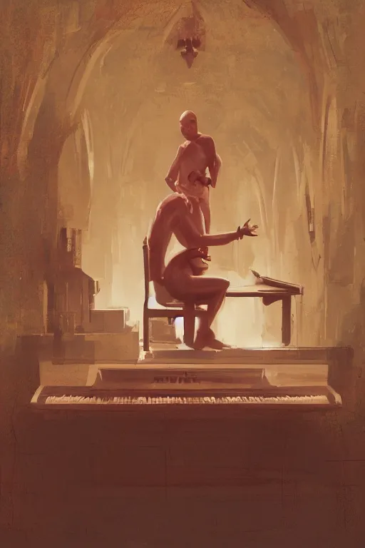 Image similar to an expressive full body portrait of agent 4 7 playing the piano in a monastery, dark background, red rim light, digital art, artstation, concept art by giger stalenhag