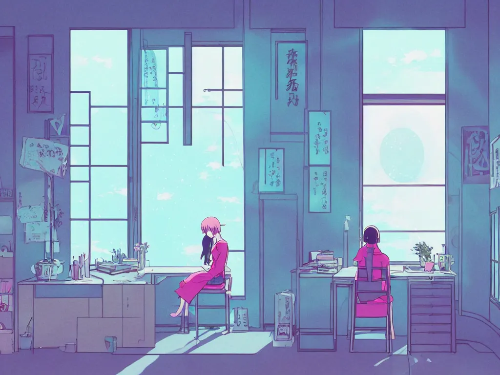 Prompt: beautiful illustration of a lonely female in her studio apartment sitting at her computer desk which is in front of a window which looks out to a futuristic city at night, japan, anime manga style, neon pastel, in the style of ghibli and hayao miyazaki and satoshi kon and shinichiro watanabe and makoto shinkai