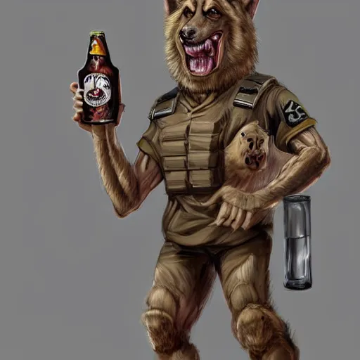 Image similar to a humanoid german shepherd beast - man in military style, holding a bottle of beer, artstation, concept art, smooth, sharp foccus ilustration, artstation