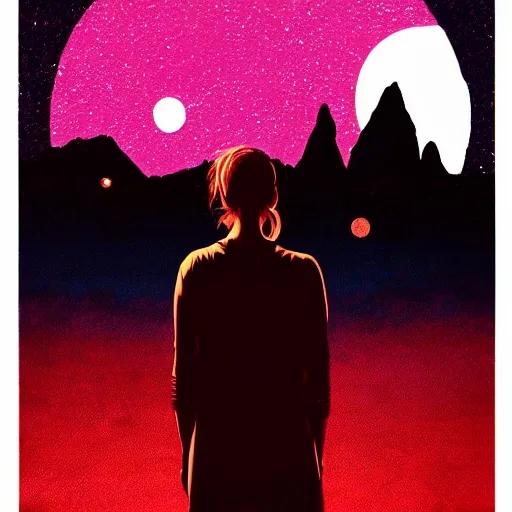 Image similar to A sad spiritual witch standing on mars looking at camera, distant background, red lighting, ominous, moonlight, bokeh, synthwave, psychedelic, glitch, acrylic, flooko, detailed,