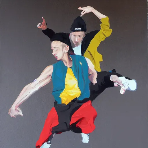 Image similar to painting of breakdancers in baggy 90s clothing in the style of michael carson