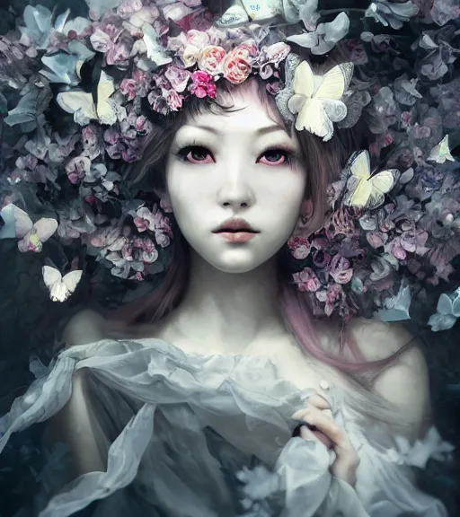 Prompt: a beautiful terrifying fairy sad female portrait black eyes twisted trees, floating cloth whirlpool, butterfly, blooming made of flowers, hardlighting ethereal horror fantasy art by bella kotak and lillian liu, ruan jia, xparticles by wlop, 4 k hd artstation concept art greyscale