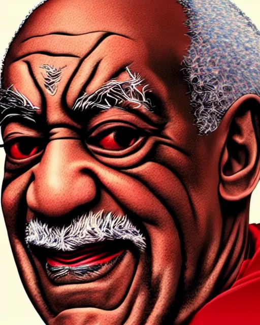 Image similar to a comic potrait of bill cosby with black and red parts, fine - face, realistic shaded perfect face, fine details. night setting. very anime style. realistic shaded lighting poster by ilya kuvshinov katsuhiro, unreal engine, global illumination, radiant light, detailed and intricate environment