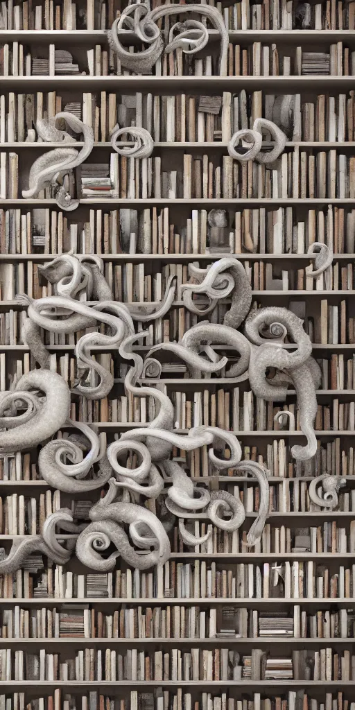 Prompt: a wideshreen photo of a huge bookshelf full of octopuses cinematic lighting, silverplate, hyper realistic, very detailed, Octane render 8k