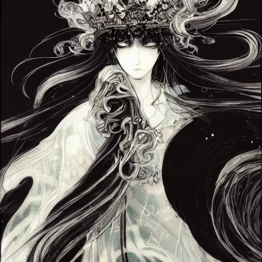 Prompt: yoshitaka amano blurred and dreamy illustration of an anime girl with wide open black eyes, wavy white hair fluttering in the wind wearing elden ring armor and crown with engraving, abstract black and white patterns on the background, noisy film grain effect, highly detailed, renaissance oil painting, weird portrait angle, blurred lost edges, three quarter view
