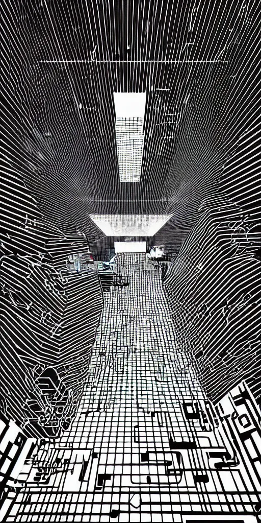 Prompt: futuristic black and white illustration of a room inside a brutalist building, view from above, in the style of hiversaires and tsutomu nihei, minimal architectural drawing, fisheye, black and white, graphical style poster, bold white futuristic symbols, vertical cyber symbols,