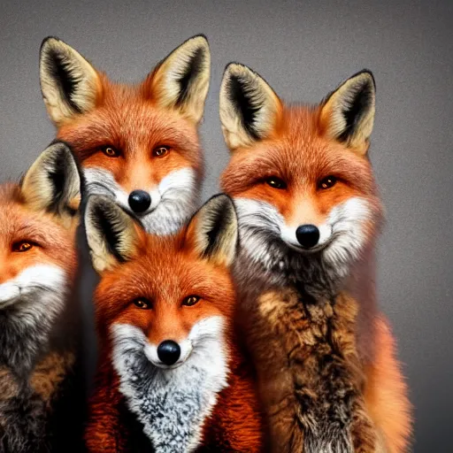 Image similar to photorealistic music album cover, with foxes animals wearing clothes, all looking at camera, studio lighting, award winning photograph, 8 5 mm f / 1. 4