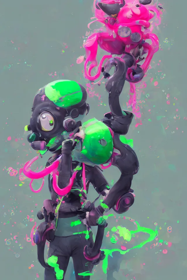 Image similar to a beautiful fullbody portrait of a cute happy splatoon boy with pink hair and green eyes wearing sports clothing tight leggings. character design by cory loftis, fenghua zhong, ryohei hase, ismail inceoglu and ruan jia. artstation, volumetric light, detailed, photorealistic, fantasy, rendered in octane