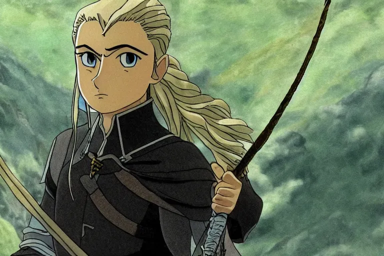 Image similar to legolas in the anime lord of the rings by studio ghibli, movie still frame, very detailed, artwork by hayao miyazaki, kentaro miura, satoshi kon, high quality, sharp image, high resolution, hd, 7 2 0 p, 4 k