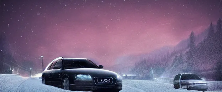 Image similar to Audi A4 B6 Avant (2002), a gritty neo-noir, dramatic bright lighting, cinematic, establishing shot, extremely high detail, photorealistic, cinematic lighting, artstation, by simon stalenhag, Snowy italian road, Alps, At night, Poets of the Fall - Late Goodbye