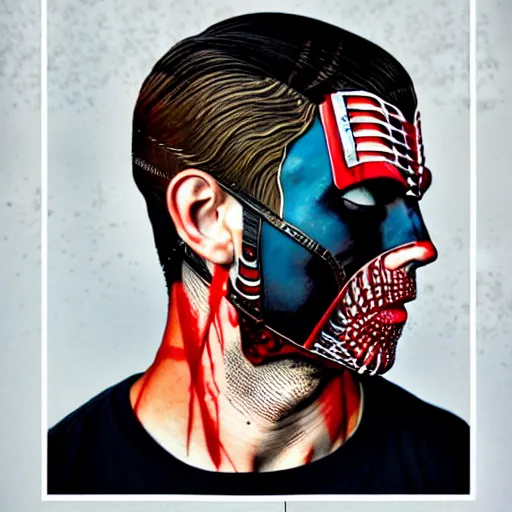Image similar to a portrait of a back man with side profile blood in ocean intricate details :: side profile :: futuristic mask :: by MARVEL comics and Sandra Chevrier