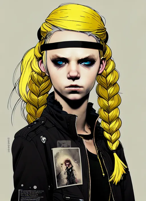 Image similar to highly detailed closeup portrait of a sewer punk pretty swedish female road warrior student, tartan garment, blonde hair pigtails with headband by atey ghailan, by greg rutkowski, by greg tocchini, by james gilleard, by joe fenton, by kaethe butcher, gradient yellow, black, brown and white color scheme, grunge aesthetic!!! white graffiti tag wall background