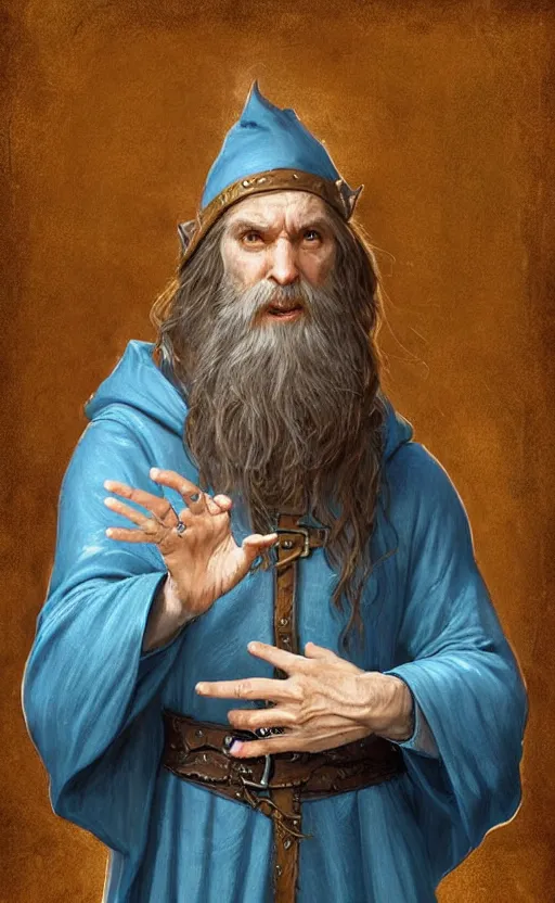 Image similar to portrait of a middle aged elf with a long beard, dressed in a blue cloak with clock iconography, brown hair, raised hand, detailed face, fantasy, highly detailed, cinematic lighting, digital art painting by greg rutkowski