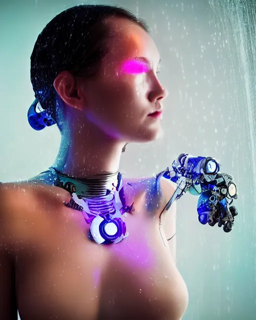 Image similar to photo of dreamy female as a solarpunk cyborg with fluorescent lamps around face, robotic body parts around neck and shoulders, real human face with clean skin, under a shower, ultra - realistic and detailed, long exposure, soft focus hdr 8 k