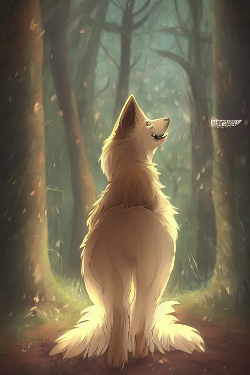 Image similar to a pretty medieval anthropomorphic wolf with a fluffy tail in the forest, comic art, trending on furaffinity, cartoon, kawaii, backlighting, furry art!!!, radiant light, bokeh, trending on artstation, digital art