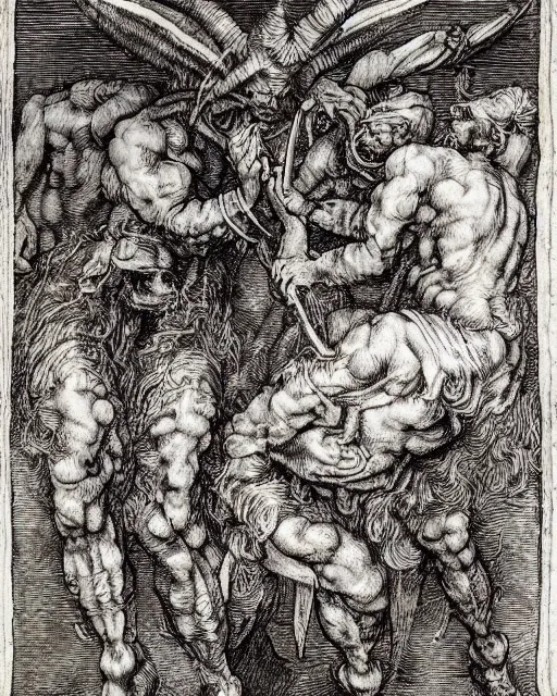 Image similar to devil fighting angels, epic composition, fine details, extremely detailed, black and white, very sharp, in the style of albrecht durer