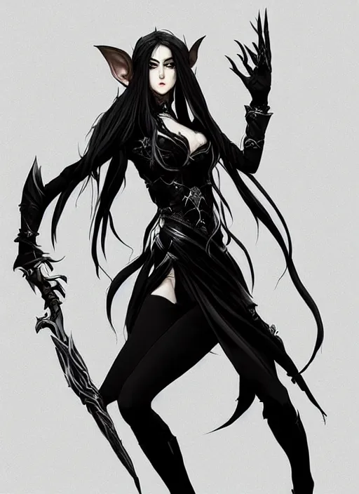 Prompt: Full body portrait of a beautiful elven queen with menacing look with long black hair wearing black and dark blue attire, silver crown. In style of Yoji Shinkawa and Hyung-tae Kim, trending on ArtStation, dark fantasy, great composition, concept art, highly detailed, dynamic pose.