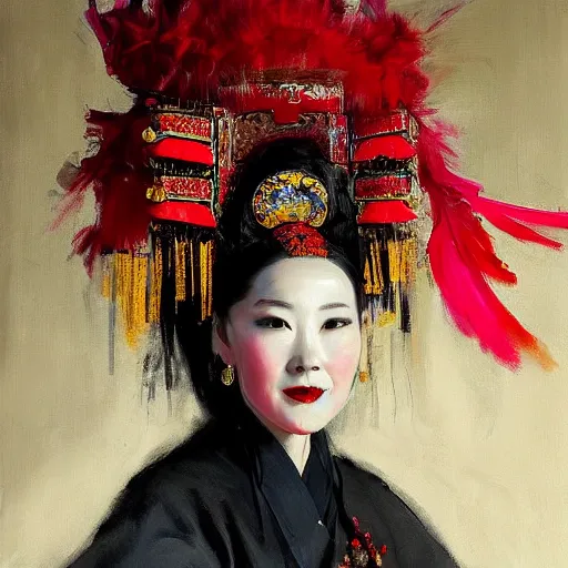 Image similar to spontaneous portrait under painting of a lady in chinese opera headdress, beautiful juicy brush strokes, by richard schmid and sargent, dark, black and red, trending on cgsociety, expressionism