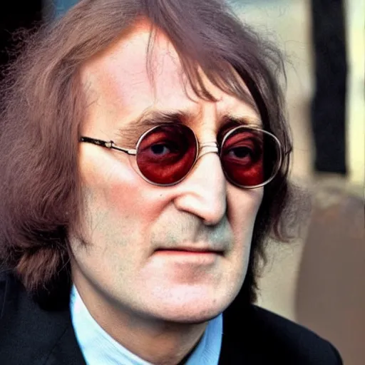 Image similar to A colored colorized real photograph of old John Lennon as an old man in his eighties with short hair in the 2010s, Old John Lennon, taken in the early 2020s, taken on a 2010s Camera, realistic, hyperrealistic, very realistic, very very realistic, highly detailed, very detailed, extremely detailed, detailed, digital art, trending on artstation, headshot and bodyshot, detailed face, very detailed face, very detailed face, real, real world, in real life, realism, HD Quality, 8k resolution, intricate details, colorized photograph, colorized photo, John Lennon as an old man with short hair, old, old man