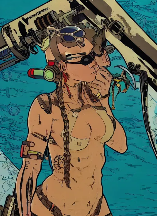 Image similar to cyberpunk beach lifeguard. swimsuit. portrait by ashley wood and alphonse mucha and laurie greasley and josan gonzalez and james gurney. splinter cell, apex legends, rb 6 s, hl 2, d & d, cyberpunk 2 0 7 7. realistic face. character clothing. vivid color. dystopian setting.