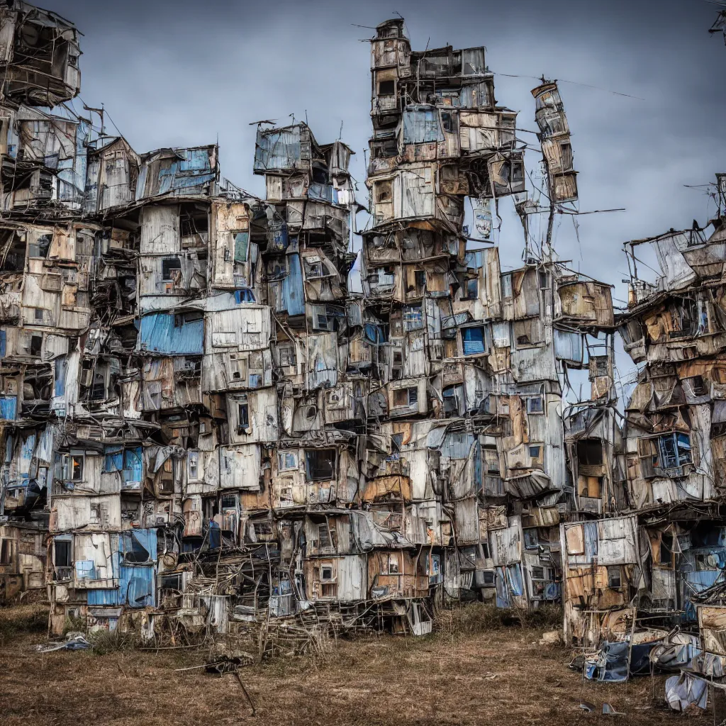 Image similar to a tower made up of makeshift squatter shacks of different sizes, dystopia, sony a 7 r 3, f 1 1, fully frontal view, photographed by jeanette hagglund, ultra detailed,