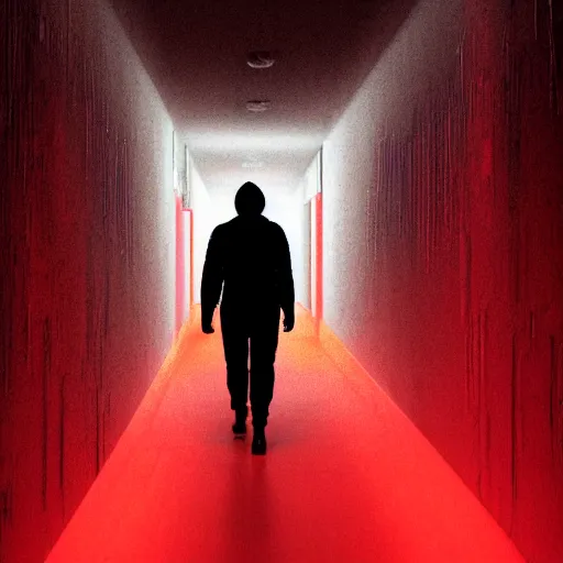 Image similar to photograph of an extremely dark narrow hallway with glowing humanoid cryptid made out of television static, dark deep black shadows, red and black color contrast in the style of trevor henderson, liminal space, 3 d octane render, glitch effect