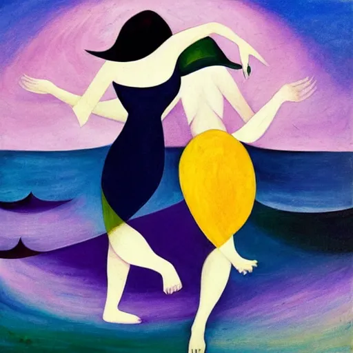 Prompt: two Irish Women in the moonlight dancing by the ocean , high quality art in the style of cubism and geogia o keefe