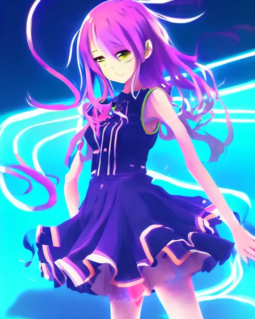 Image similar to anime style, vivid, expressive, full body, 4 k, painting, a cute magical girl idol with a long wavy hair wearing a dress fighting monsters, correct proportions, stunning, realistic light and shadow effects, neon lights, studio ghibly makoto shinkai yuji yamaguchi