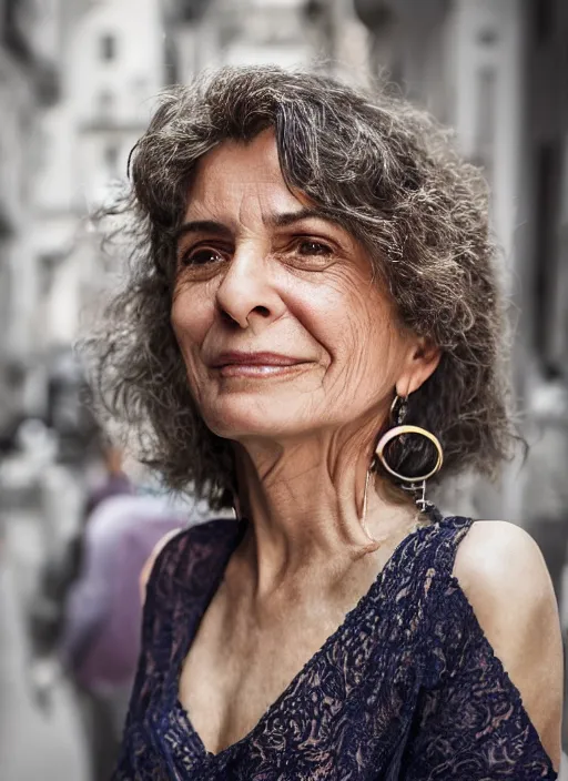 Image similar to portrait of beautiful Spanish 50-year-old well-groomed woman model, with lovely look, happy, candid street portrait in the style of Martin Schoeller award winning, Sony a7R