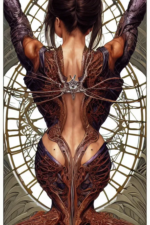 Image similar to symmetry!! intense fanart of back pose of witchblade as acotar protagonist, traditional queen dress, intricate, hyper detailed background, elegant, highly detailed, my rendition, digital painting, artstation, concept art, smooth, sharp focus, illustration, art by artgerm, greg rutkowski and alphonse mucha, by hajime sorayama and boris vallejo