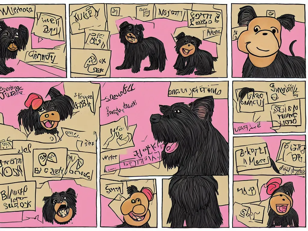 Prompt: a comic strip of a smiling black and caramel Yorkshire Terrier, a pink rubber monkey in front of a simply sketch background , courtroom art, art by Mauricio de Sousa