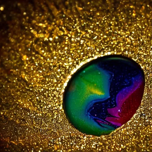 Image similar to a wet swirling mixture of gold paint and very colorful colored pigment particles glitter suspended in a turbulent liquid, captured in slow motion, crystal clear focus, macro photography lens closeup, slow-motion pour, dumpedpaint glittery, shimmering, speculars