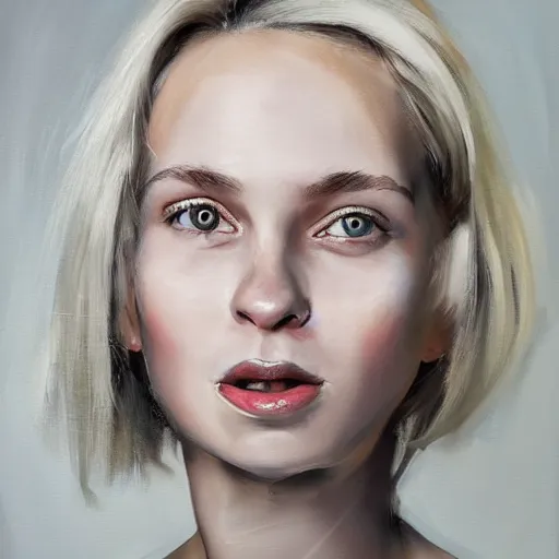 Prompt: portrait painting of woman from scandinavia, 2 0, years old, blonde hair, daz, occlusion, smiling and looking directly, brushstrokes, white background, art by enki bilal