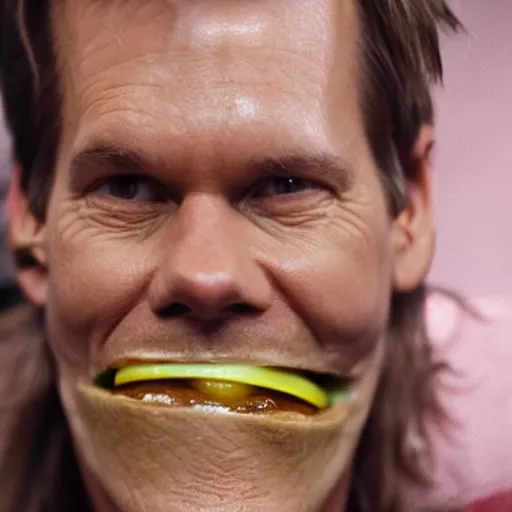 Image similar to kevin bacon face wrapped inside a cheeseburger