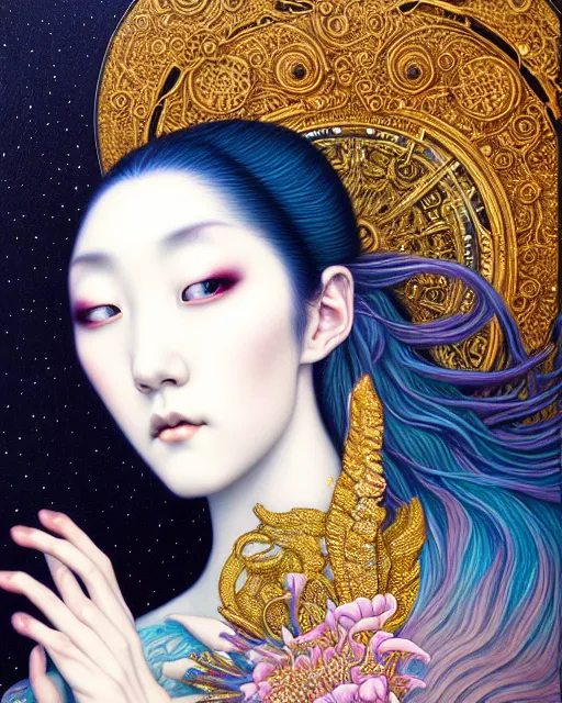 Prompt: portrait of a beautiful moon goddess, unusual beauty, esoteric, other worldly colors, head in focus, fantasy art, ornamental aesthetics, intricate, elegant, highly detailed hyperrealistic painting, artstation, concept art, painterly, sharp focus, illustration, art by chie yoshii