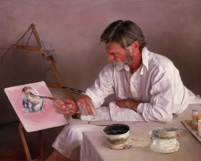 Image similar to an exhausted painter in his studio painting a picture of a pink penguin - key lighting, soft lights, foggy, by steve hanks, by lisa yuskavage, by serov valentin, by tarkovsky, 8 k render, detailed, oil on canvas