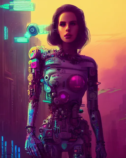 Image similar to portrait of lana del rey as a cyberpunk cyborg. roses, sci - fi, missing panels, intricate abstract, upper body, intricate artwork, by tooth wu, wlop, beeple, dan mumford. concept art, 8 k octane render, deviantart, greg rutkowski, cinematic, key art, hyperrealism, iridescent accents