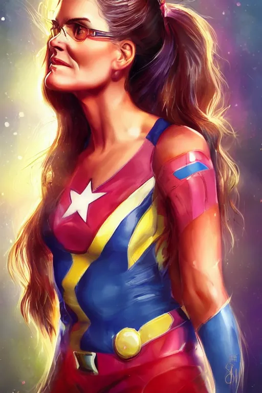 Image similar to portrait of a mix of young maria shriver, mariel hemmingway, brooke shields and elle macpherson as a marvel super hero, thin lips, hair tied up in a pony tail, colorful artstation, cgsociety