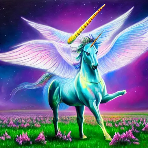 Image similar to an iridescent unicorn with translucent wings frolicking in a field of marijuana, a nebula is in the sky, oil painting, fantasy art, concept art, highly detailed, high quality, 8 k, masterpiece