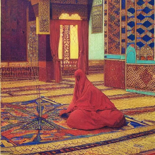Prompt: brightly coloured patterns on its ceilings, osman hamdi bey,