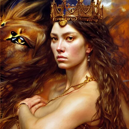 Image similar to highly detailed portrait of a majestic lioness queen in the form of a beautiful woman. d & d. art by donato giancola, eugene delacroix, ruan jia, gaston bussiere. trending on artstation, intricate details, energetic composition, golden ratio, concept art, illustration, elegant art, global illuminaition