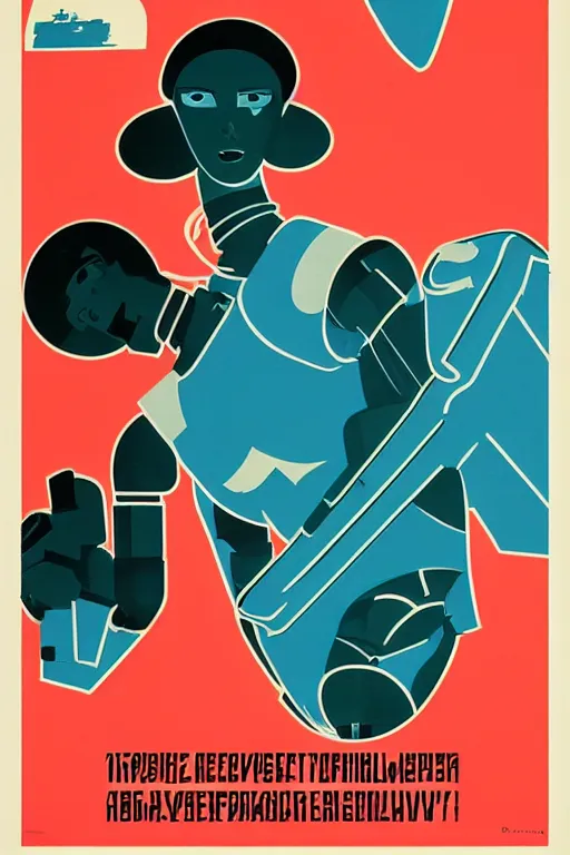 Image similar to sovietwave propaganda poster about the dangers of robots, minimalist, silkscreen, graphic design, russian text