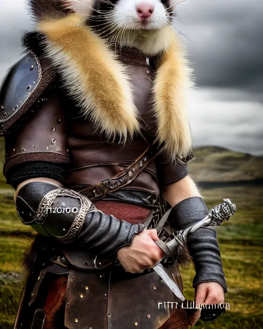 Prompt: ferret warrior, furry, fantasy, viking, high detailed, photography, cloudy, lightweight leather armour, scandinavia, plain, detailed face, look into the distance, serious face, full body, in full growth, professional photographer, masterpiece, 5 0 mm, extremely detailed, 8 k