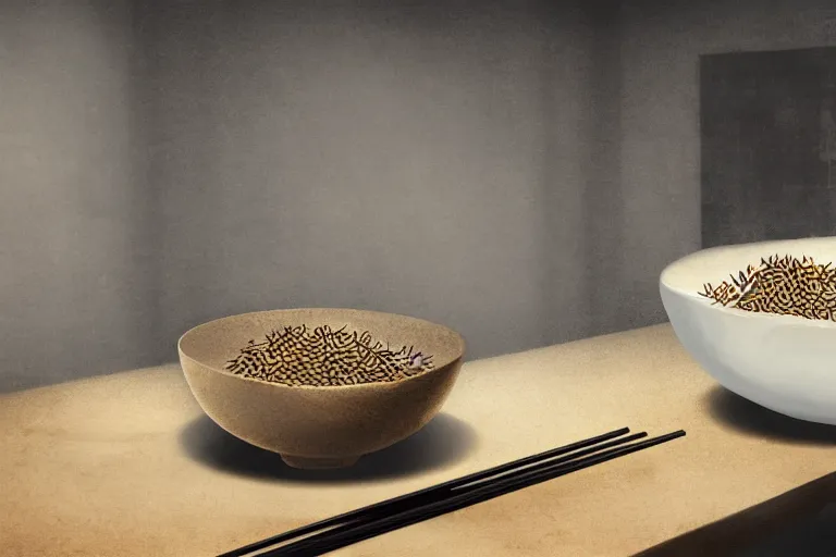 Image similar to an empty bowl with a few rice grains and broken chinese chopsticks, on a dirty table in poor apartments, running rat, dark atmosphere, digital art, very realistic