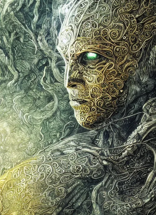 Image similar to glowing silver and golden elements, full close-up portrait, pen and ink crow, book cover, green forest, white moon, establishing shot, extremly high detail, photo-realistic, cinematic lighting, pen and ink, intricate line drawings, by Yoshitaka Amano, Ruan Jia, Kentaro Miura, Artgerm, post processed, concept art, artstation, matte painting, style by eddie mendoza, raphael lacoste, alex ross