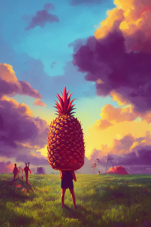 Prompt: closeup, giant pineapple as the head, girl surrounded by djungle, surreal photography, golden hour, colorful clouds, impressionist painting, digital painting, artstation, simon stalenhag
