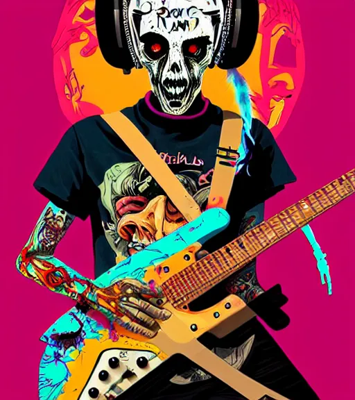 Image similar to a zombie punk rocker playing electric guitar, tristan eaton, victo ngai, artgerm, rhads, ross draws