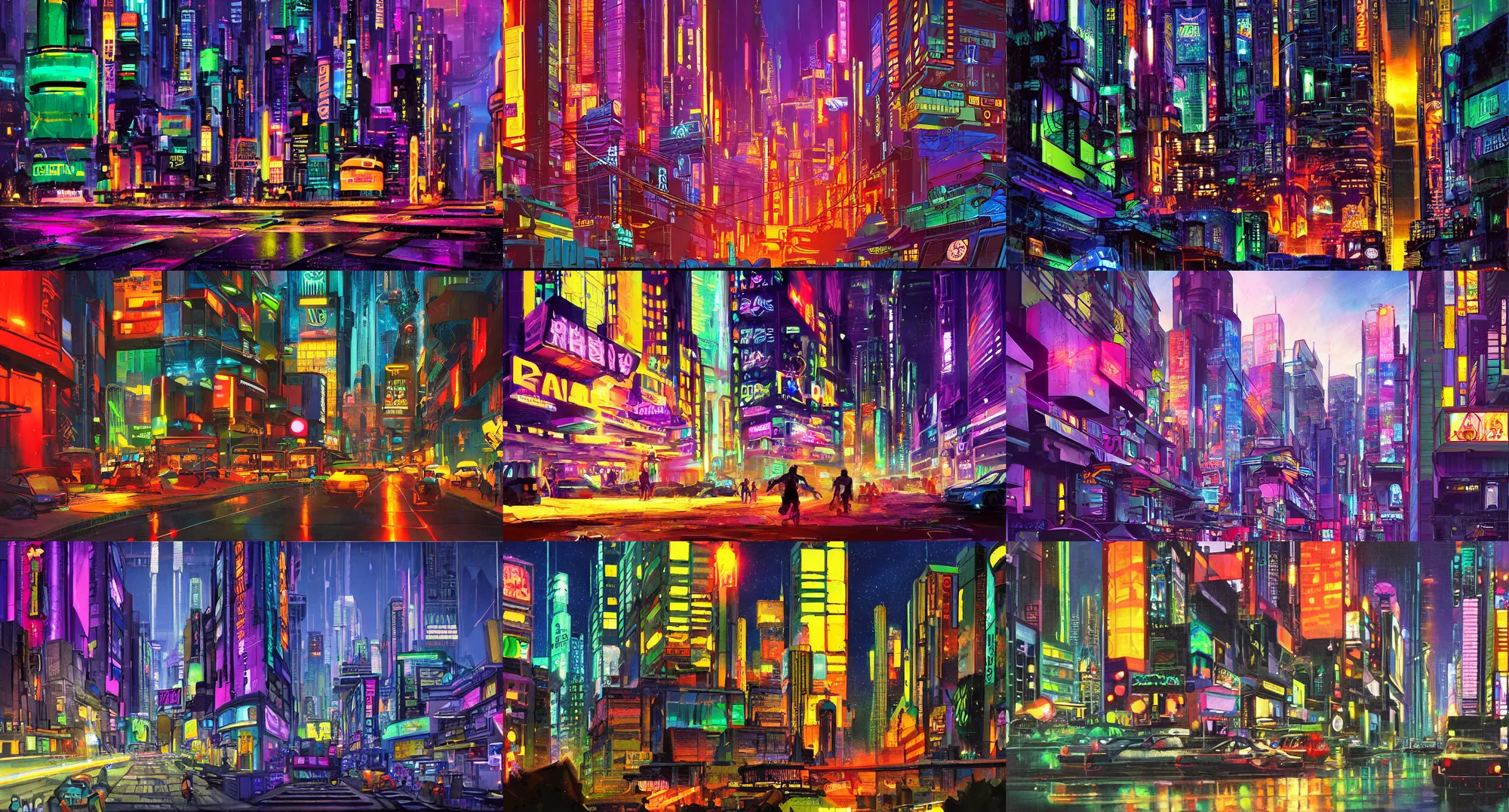 Prompt: Cyberpunk city at night, pixar color script painting by Lou Romano